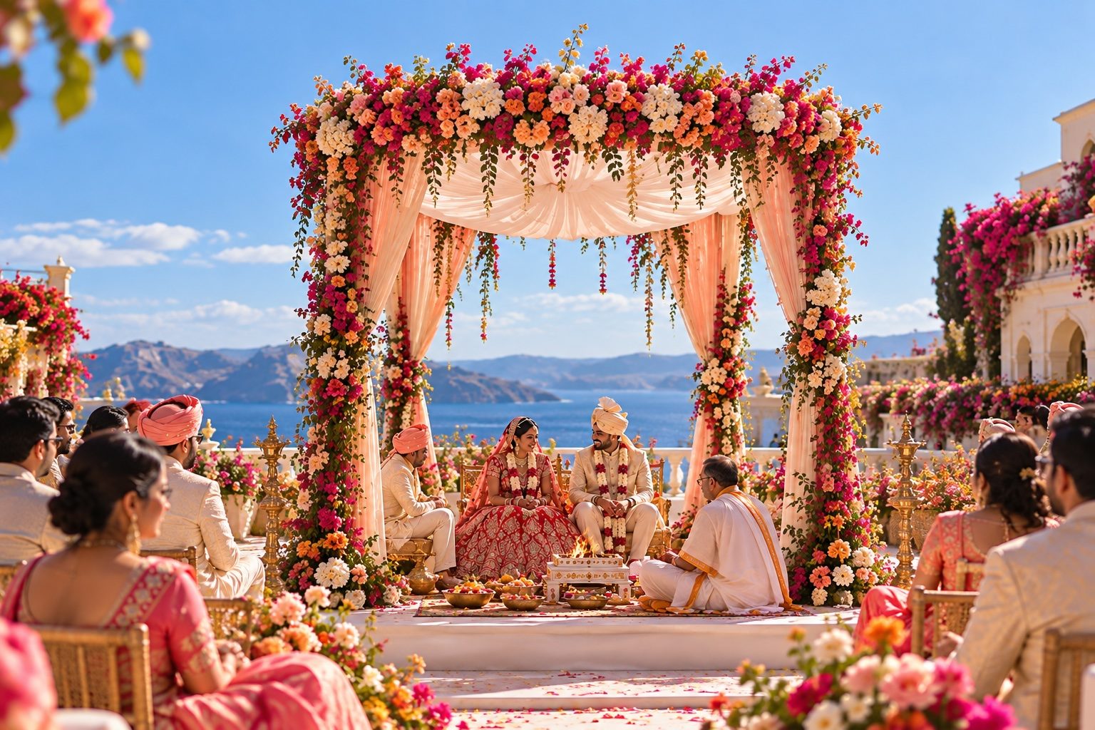A Hindu wedding ceremony under a mandap of bougainvillea on a terrace above the sea