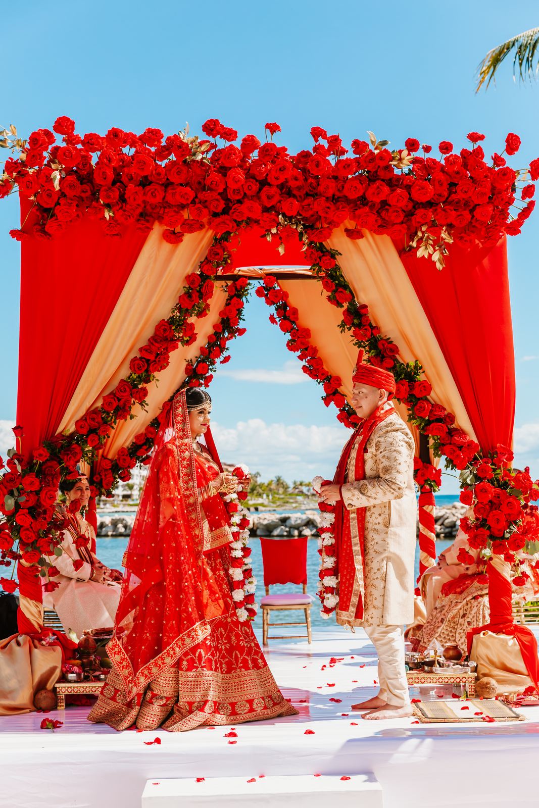 The rose mandap seen across the sand