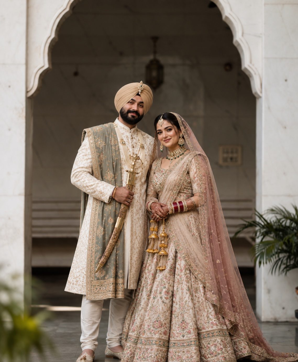 A Sikh couple in wedding attire, the groom in a turban with his kirpan